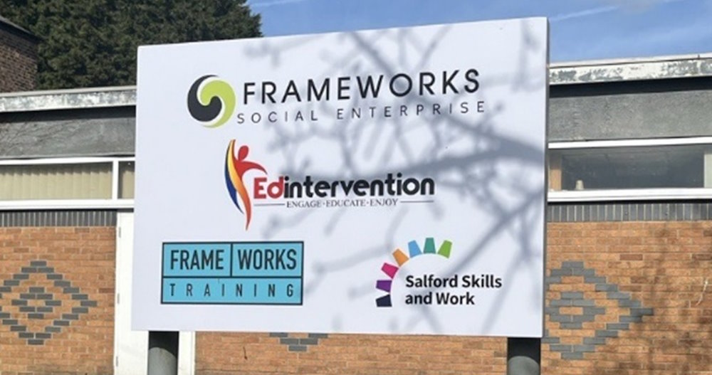 A sign in front of the building